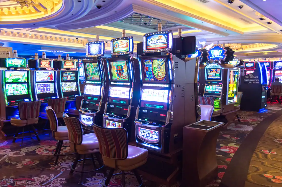 Rows of physical slot machines at the Monte Carlo hotel casino in Las Vegas in 2015.